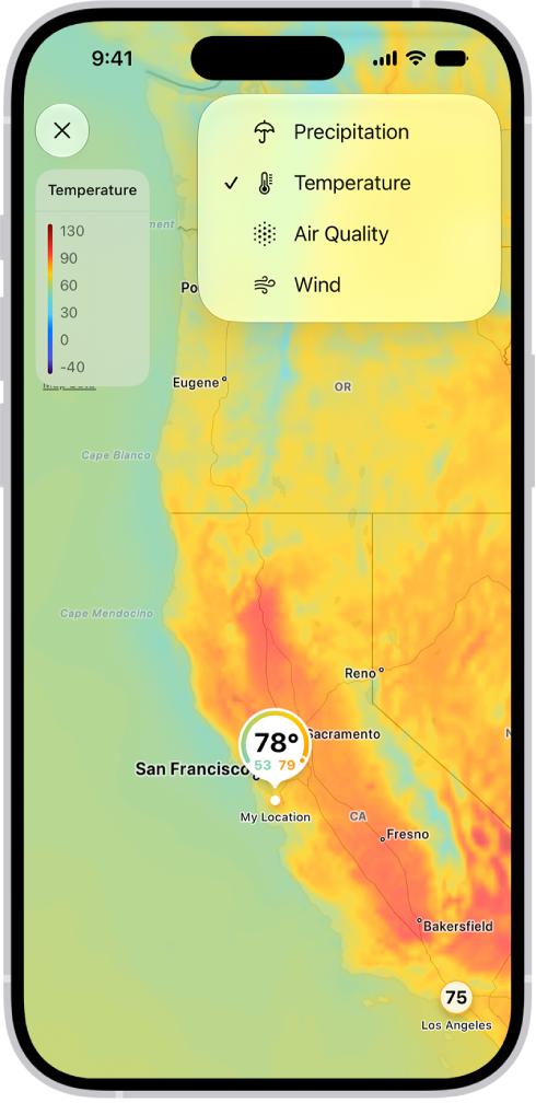 Une carte des vents de l’océan remplit l’écran de l’app Météo. Le bouton de fermeture de la carte et l’échelle de superposition du vent se trouvent en haut à gauche. Dans le coin supérieur droit se trouvent, de haut en bas, les boutons «&nbsp;Menu superposé&nbsp;», «&nbsp;Lieu actuel&nbsp;» et Lieux. Une frise chronologique s’affiche en bas de l’écran.