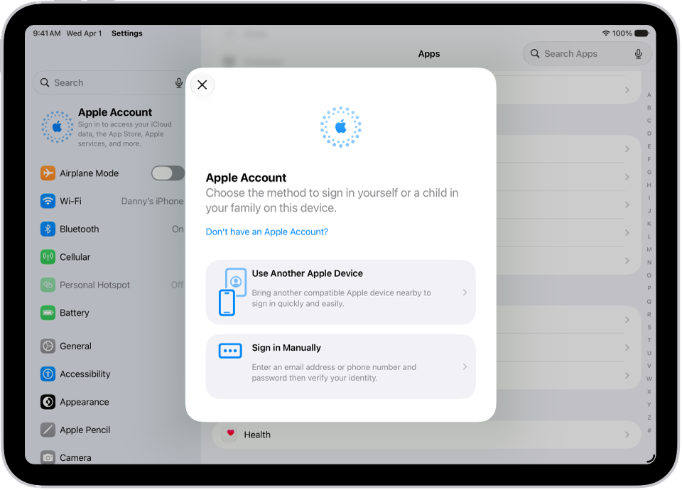 App Réglages, avec la zone de dialogue de connexion au compte Apple au milieu de l’écran.