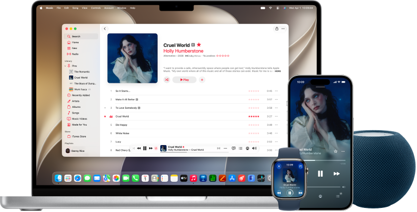 أغنية قيد التشغيل على Mac و&nbsp;iPhone و&nbsp;Apple&nbsp;Watch، باستخدام HomePod.