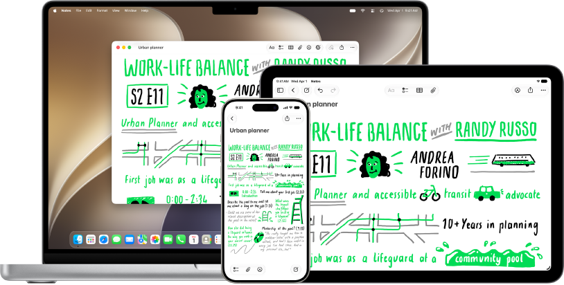 The same note in the Notes app shown on Mac, iPhone, and iPad. The note has drawings.