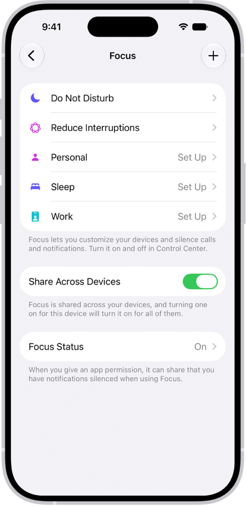 Un écran affichant cinq modes de concentration fournis&nbsp;: Ne pas déranger, Aucun message pendant les appels, Repos, Temps pour soi et Travail. L’option «&nbsp;Partager entre les appareils&nbsp;» est activée, ce qui permet d’utiliser les mêmes réglages de concentration sur tous vos appareils Apple.