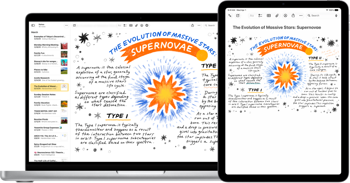 Un iPad avec une esquisse, à côté d’un Mac affichant l’esquisse dans une note.