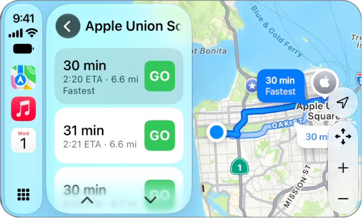 CarPlay affichant Plans, Musique et Calendrier dans la barre latérale. À droite, un plan montre deux itinéraires de navigation différents pour se rendre du point A au point B.