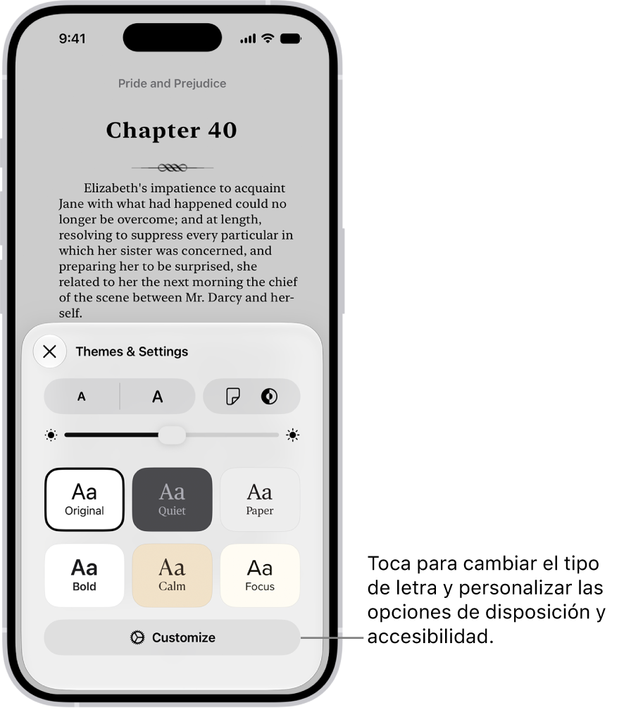 Una página en un libro en la app Libros. Las opciones de temas y configuraciones muestran controles para el tamaño de letra, la visualización de desplazamiento, el estilo de pasar páginas, el brillo y los estilos de tipo de letra.