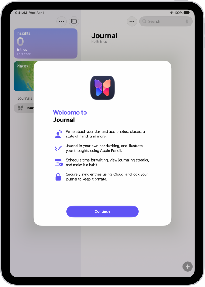 L’écran de bienvenue de l’app Journal.
