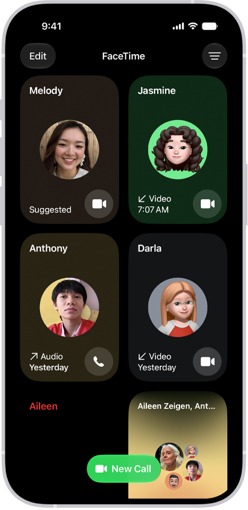 „FaceTime“ skambučio ekranas. Mygtukas „New Call“ (naujas skambutis) yra ekrano apačioje.