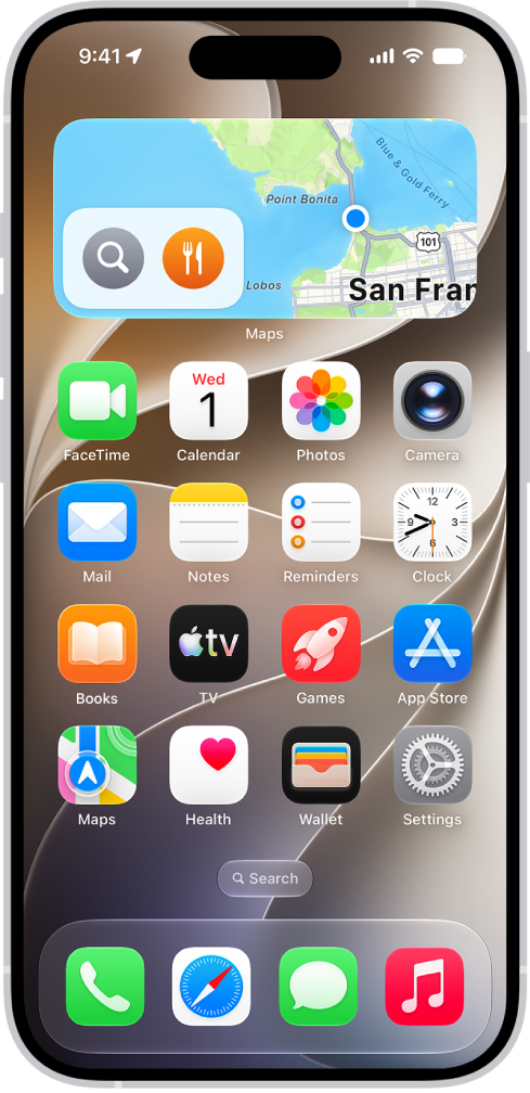 Le widget Plans, d’autres widgets ainsi que des icônes d’app sur l’écran d’accueil d’un iPhone.