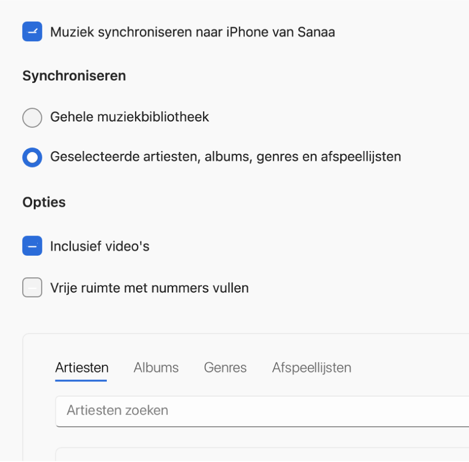 Het Apple&nbsp;Devices-venster met de synchronisatieoptie voor muziek.