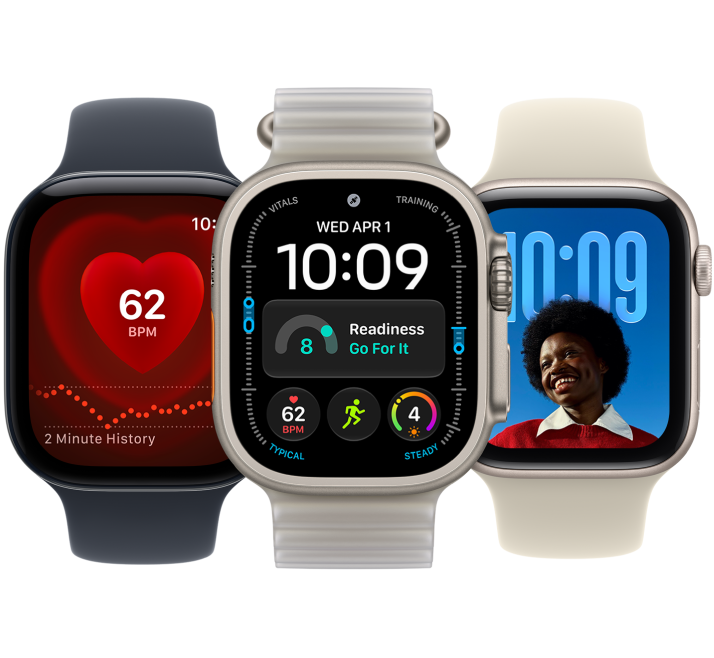 左から、心拍数アプリが表示されているApple Watch、「モジュラーUltra」の文字盤が表示されたApple Watch Ultra、「写真」の文字盤が表示されたApple Watch。