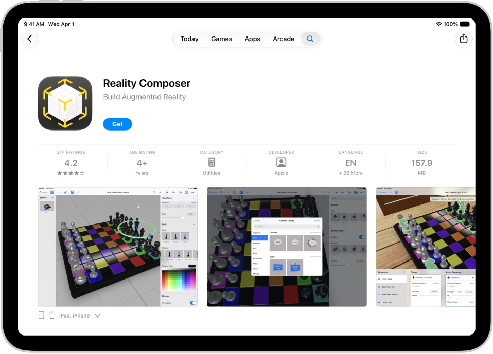 Page d’informations d’une app dans l’App&nbsp;Store. La page montre le bouton Obtenir, les avis, les classifications d’âge, le développeur, des captures d’écran et plus encore. Au milieu de la partie supérieure, de gauche à droite, se trouvent les boutons Aujourd’hui, Jeux, Apps, Arcade et Recherche.