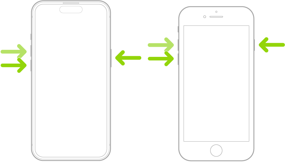 Deux modèles d’iPhone, le premier avec un bouton principal et le deuxième sans, avec les écrans orientés vers le haut. Les boutons de volume de chacun se trouvent à gauche et le bouton latéral à droite.