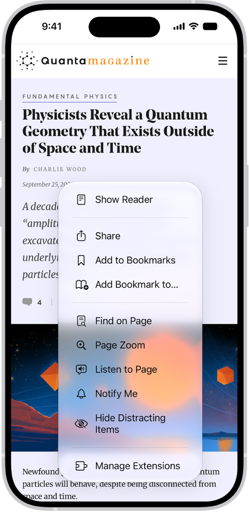 L’écran Signets et «&nbsp;Tous les onglets&nbsp;» dans l’app Safari, avec des options permettant de partager, ajouter à un dossier de votre choix, ajouter un nouvel onglet et ajouter un nouvel onglet privé.