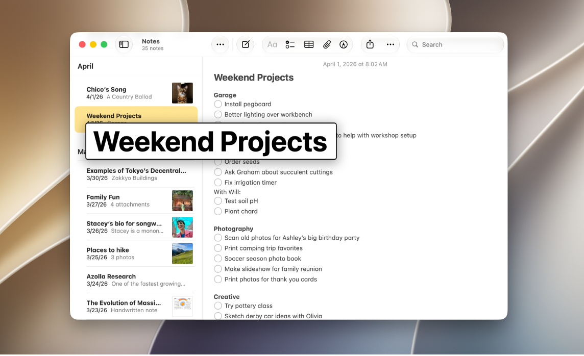 The Notes app is open on the desktop, and the pointer is held over a title. A large version of the text in the title is displayed.