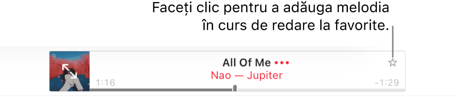 Partea de sus din Apple&nbsp;Music cu o melodie în redare. Faceți clic pe butonul Adăugați la favorite în dreapta titlului unei melodii pentru a marca melodia în curs de redare drept favorită.