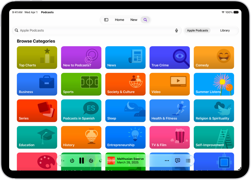 The Search screen in the Podcasts app, showing podcast categories. At the bottom of the screen is the Rewind, Pause, Skip Forward, and Sleep Timer buttons, episode artwork, the episode title, the More button, and the View Transcript button.