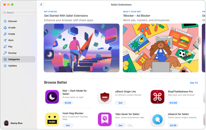 Het App&nbsp;Store-venster met het zoekveld en categorieën met apps.