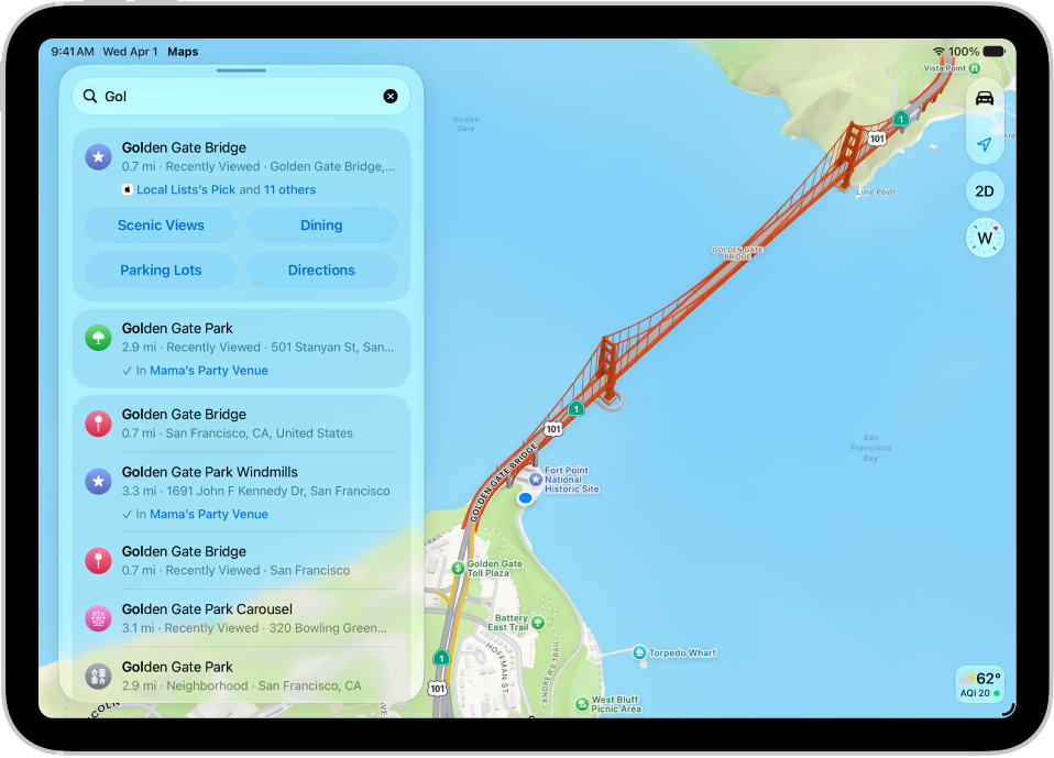 La app Mapas con un mapa de un área. En la parte superior izquierda está campo de búsqueda y, debajo, los resultados de una consulta.