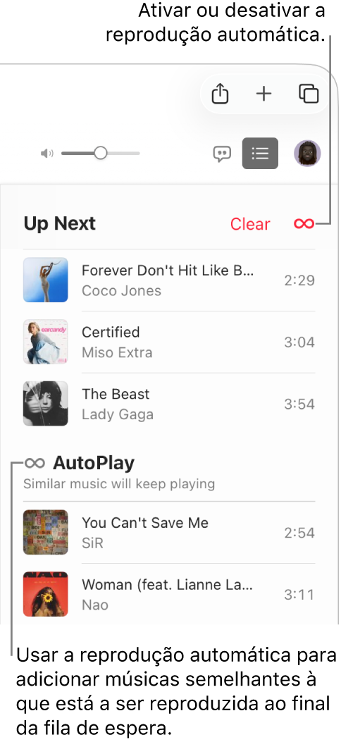 A fila de espera “A seguir”. Clique no botão de reprodução automática para a ativar ou desativar. Quando a reprodução automática está ativada, são adicionadas músicas semelhantes à última posição da fila de espera.