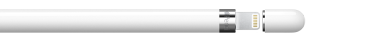 Apple&nbsp;Pencil (1re&nbsp;génération) avec le bouchon retiré, révélant l’extrémité qui s’insère dans le connecteur Lightning sur l’iPad.
