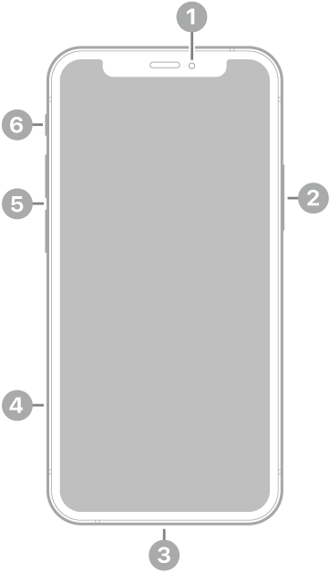 عرض للجزء الأمامي من الـ&nbsp;iPhone 12 mini. توجد الكاميرا الأمامية في أعلى المنتصف. ويوجد الزر الجانبي على الجانب الأيمن. يوجد موصل لايتننغ في الأسفل. على الجانب الأيمن، من الأسفل إلى الأعلى، يظهر درج الشريحة وزرا مستوى الصوت ومفتاح رنين/صامت.