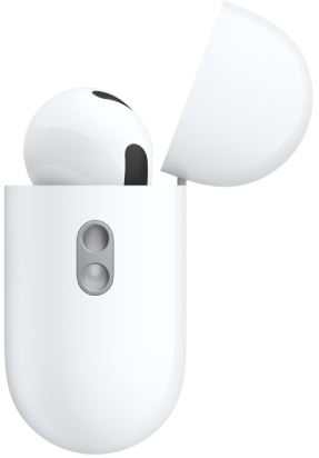 La parte lateral del estuche de carga de los AirPods&nbsp;Pro&nbsp;3 mostrando el ojal integrado que permite colocar la correa.