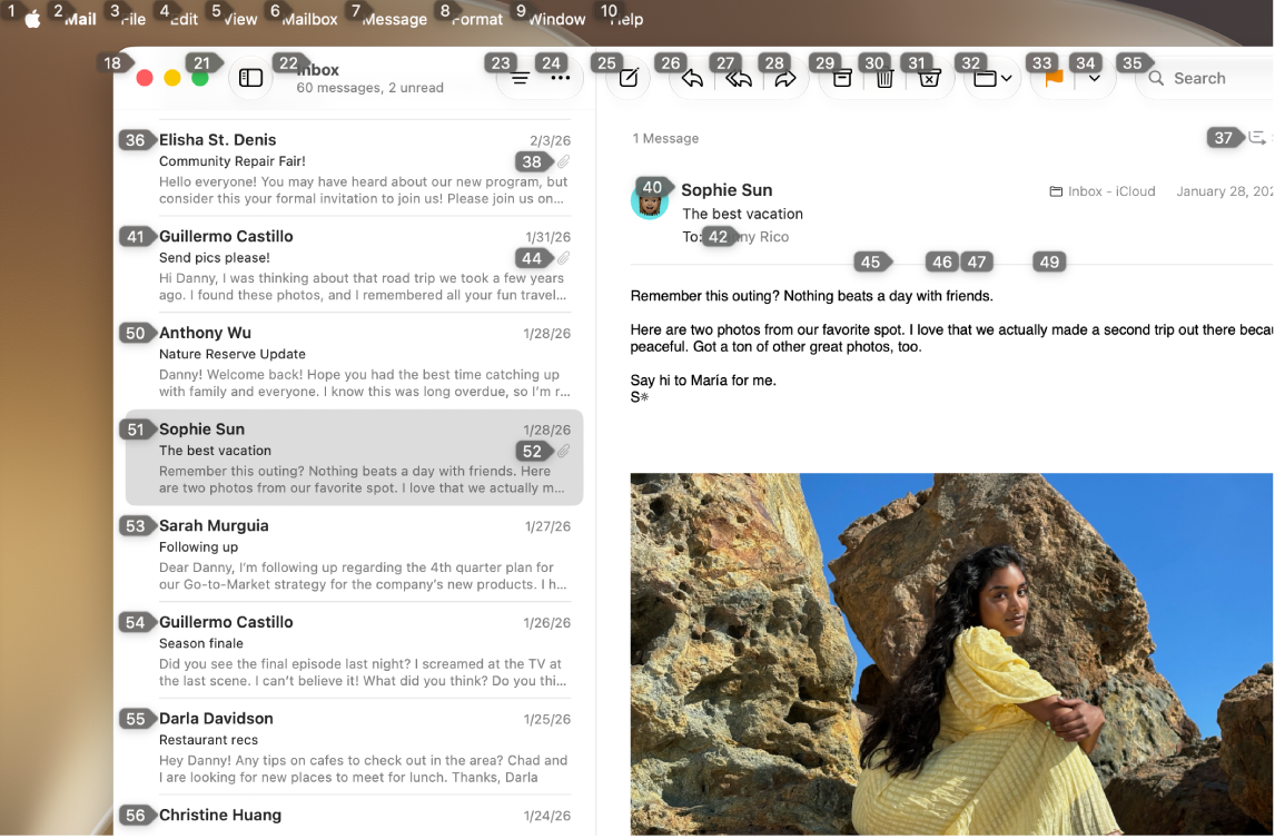 الزاوية العلوية اليمنى من سطح مكتب Mac تظهر رقمًا بجوار كل عنصر في شريط القوائم. أسفل شريط القوائم، تطبيق الملاحظات مفتوح، وتظهر الأرقام بجوار الأزرار والمحتوى الموجود في التطبيق.