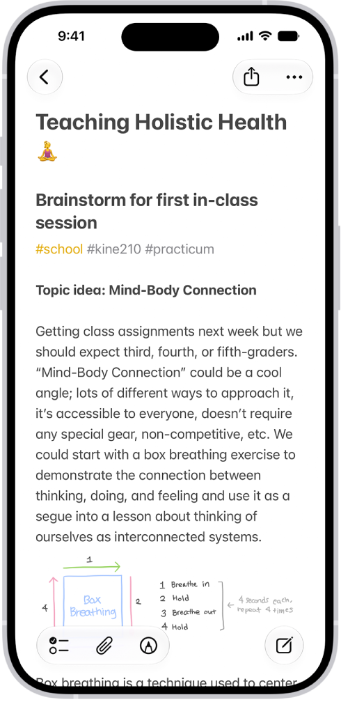 #school 및 #kine210과 같은 태그가 있는 수업 브레인스토밍 메모. 메모에는 손으로 그린 호흡법 다이어그램이 있으며, 네 단계의 호흡 사이클이 표시됨.