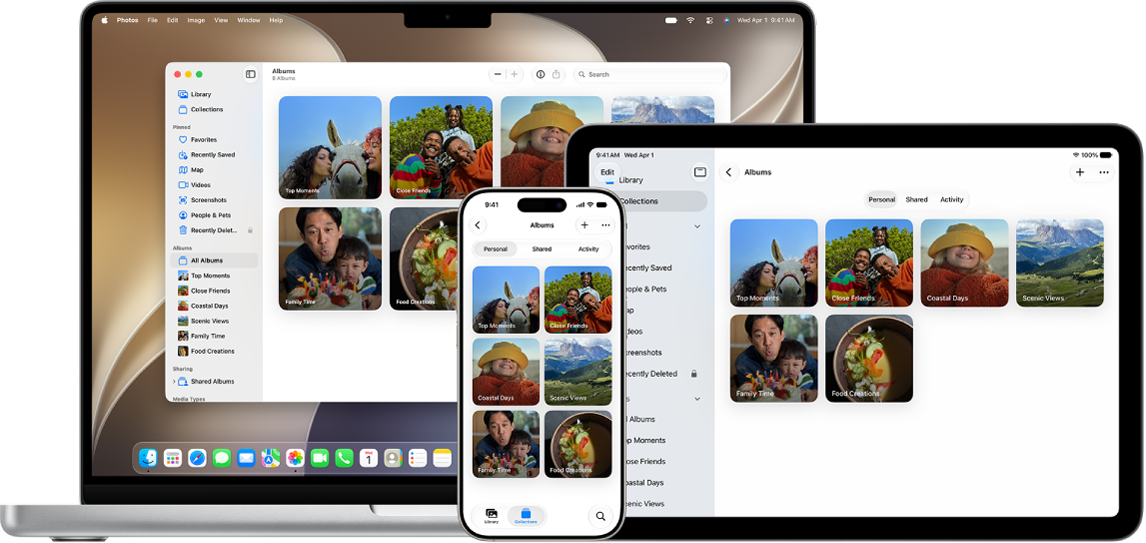 أجهزة iPhone و&nbsp;MacBook و&nbsp;iPad تعرض ذكريات من مكتبة الصور نفسها.