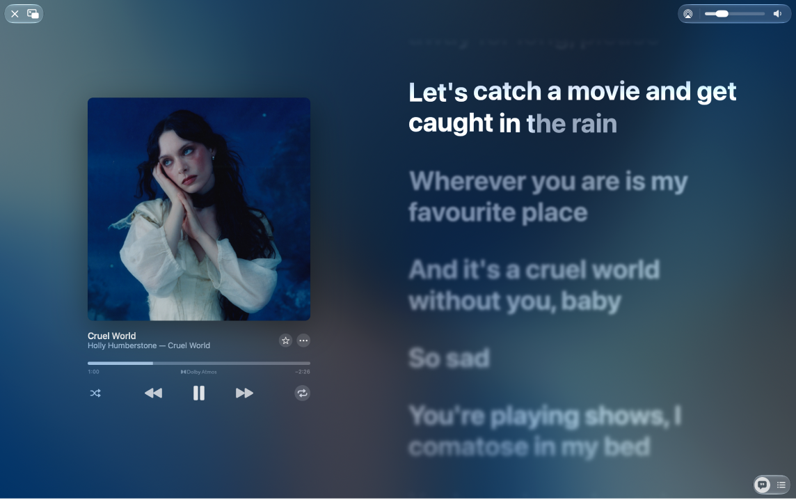 The Full Screen Player with a song playing and lyrics on the right, which appear on-screen in time with the music.