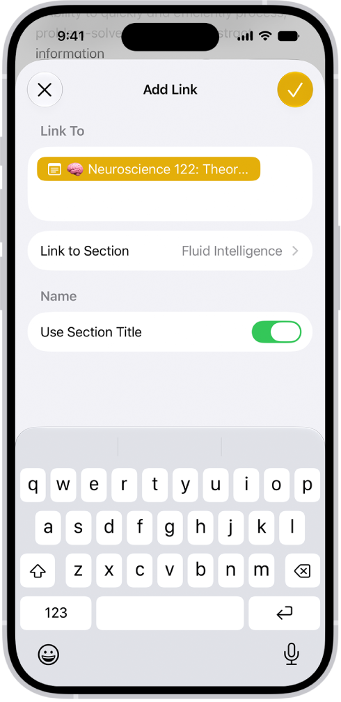 Aggiunta di un link a una sezione di una nota nell’app Note.