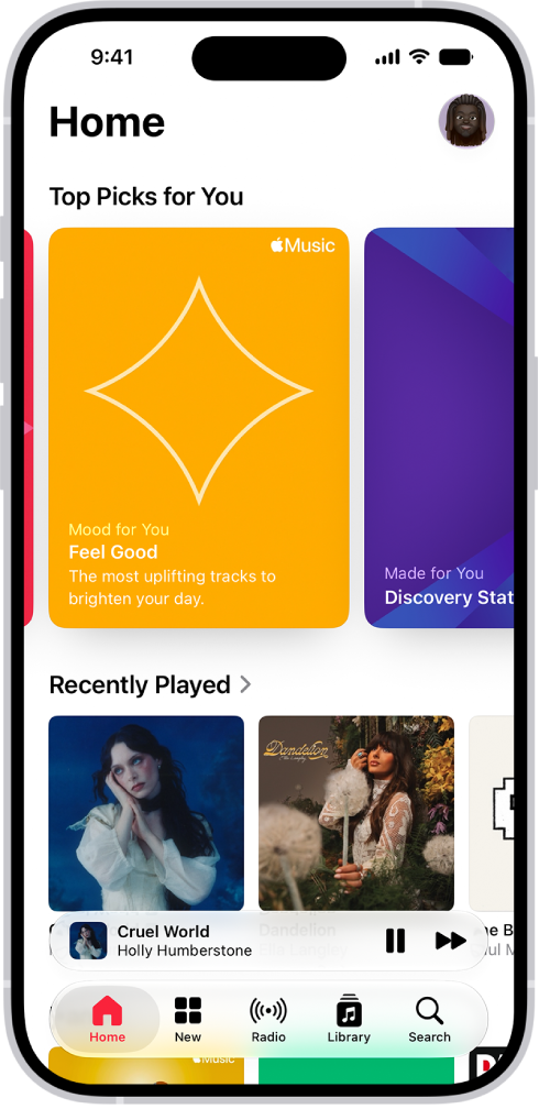 The Home tab in the Music app showing Top Picks at the top. You can swipe left or right to view more music chosen just for you. Recently Played appears below.