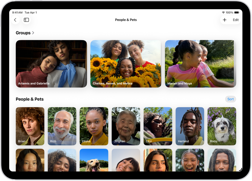 The People & Pets screen in the Photos app. There is a row of groups at the top of the screen, with individual people and pets below.