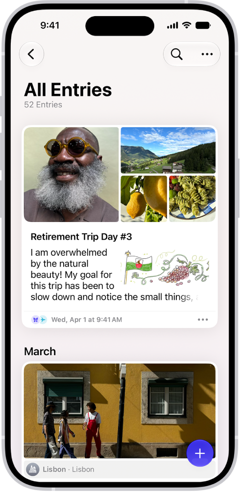 Ein Bildschirm in der App „Journal“ mit Journaleinträgen und der Taste „Suchen“ oben rechts.