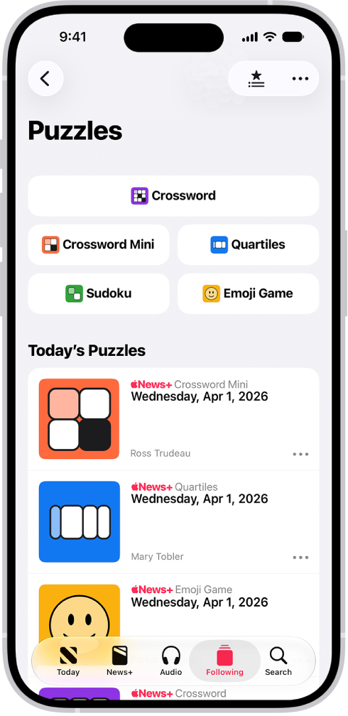 The puzzle feed in Apple News+.