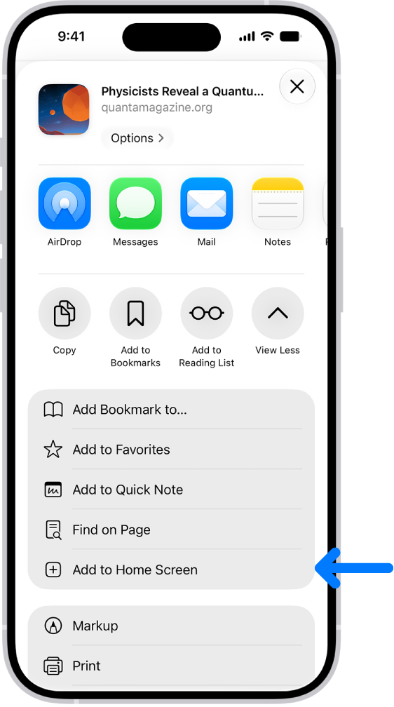 In Safari, su un sito web viene selezionato il pulsante Condividi, quindi viene visualizzato un elenco di opzioni, tra cui anche “Aggiungi alla schermata Home”.