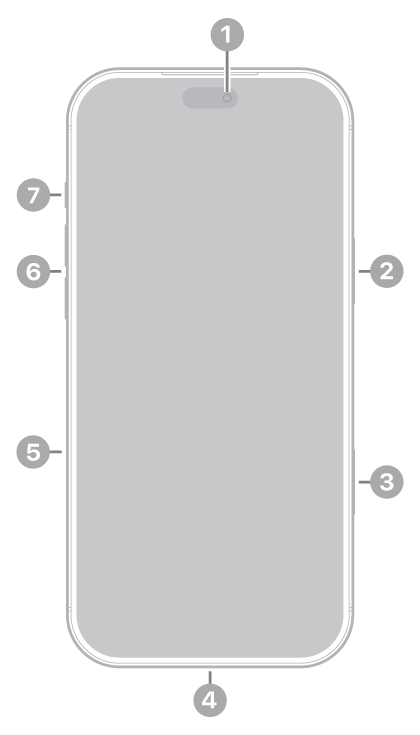 La vue de face de l’iPhone&nbsp;18&nbsp;Pro&nbsp;Max. La caméra avant se trouve en haut au centre. Le bouton latéral est situé sur le côté droit. Le connecteur USB-C se trouve en bas. Sur le côté gauche, de bas en haut, se trouvent le support pour carte SIM, les boutons de volume et le bouton Action.