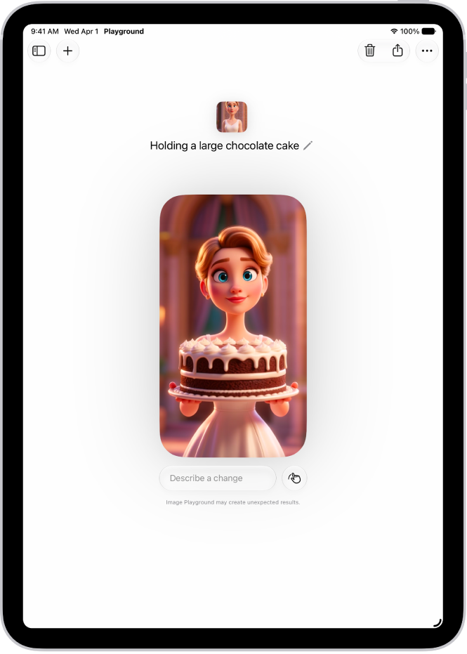 חלון היישום ״Image Playground״ המציג תמונה שנוצרה של אישה המחזיקה עוגה.