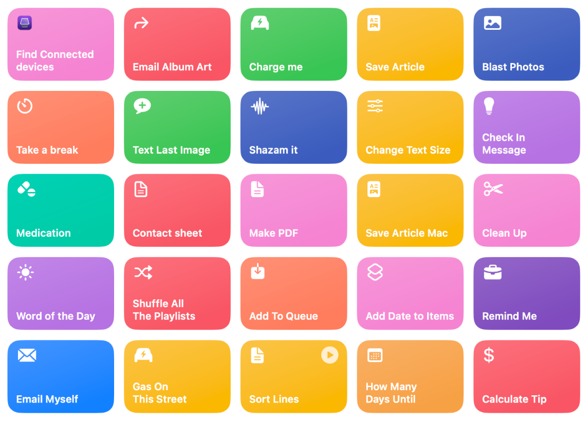 نافذة تطبيق الاختصارات وتظهر بها قائمة الاختصارات.