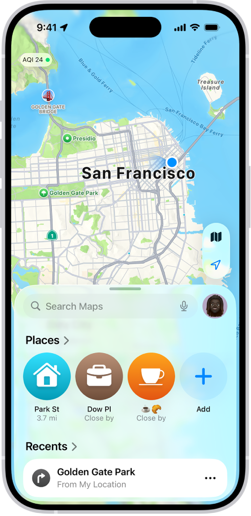 L’app Plans affichant des repères dans Lieux et Récents.