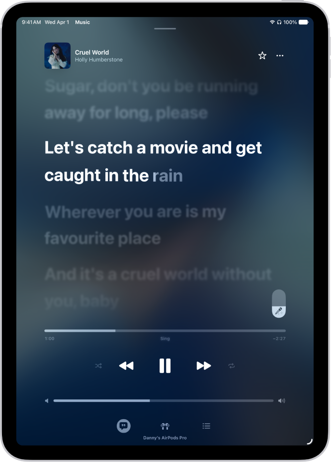 L’écran «&nbsp;À l’écoute&nbsp;» affichant le curseur Apple&nbsp;Music&nbsp;Sing à droite des paroles. Les paroles actuellement diffusées sont mises en surbrillance.