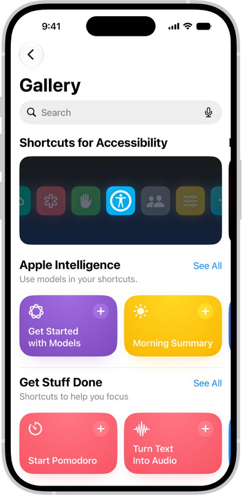 Ekrani Gallery në aplikacionin Shortcuts me fushën e kërkimit në krye. Më poshtë janë tre galeri: Shortcuts for Accessibility, Get Stuff Done dhe Quick Shortcuts. Në fund të ekranit janë butonat Shortcuts, Automation dhe Gallery. Është zgjedhur Gallery.
