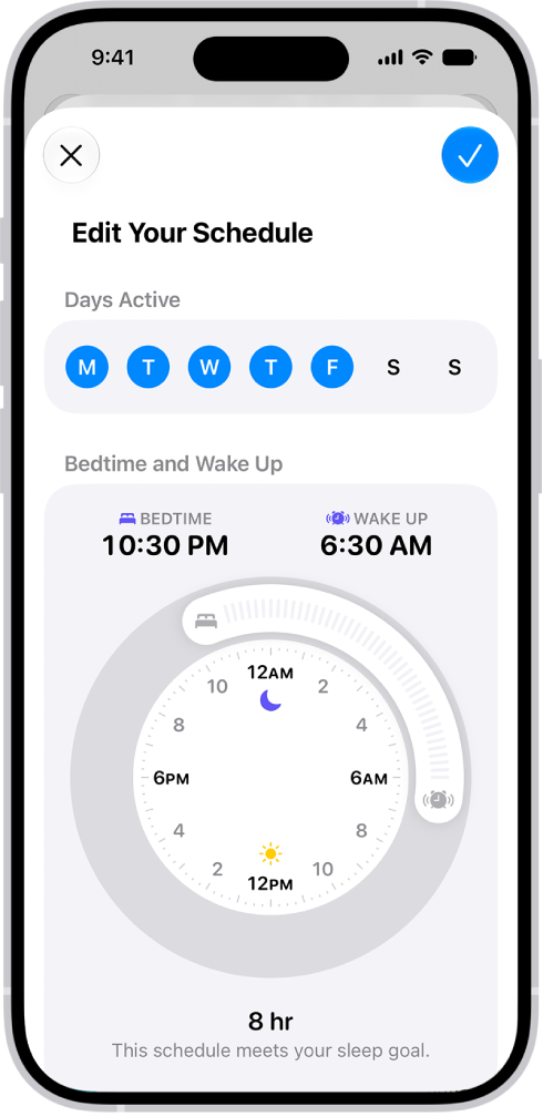 La pantalla para editar el horario de sueño en la app Salud, con la sección Duración y un reloj con las horas de dormir y despertar.