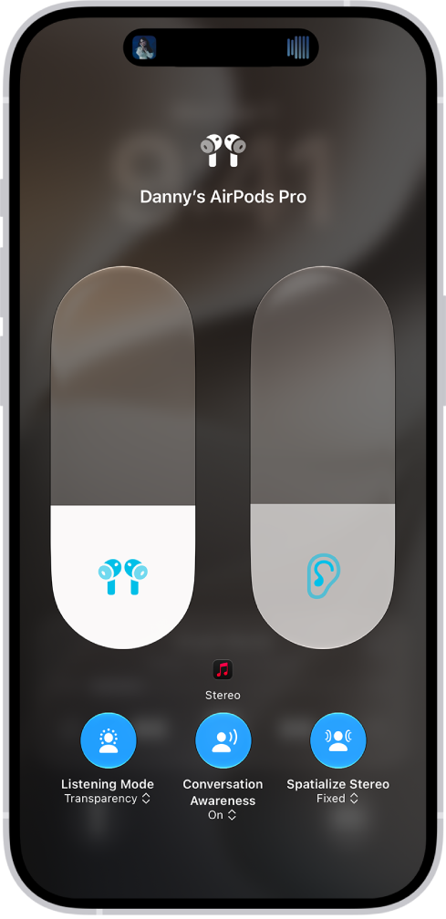 The volume screen in Control Center showing the volume level for AirPods&nbsp;Pro. On the right is the Spatial Audio/Head Tracked icon, indicating that Spatial Audio and head tracking are fixed.