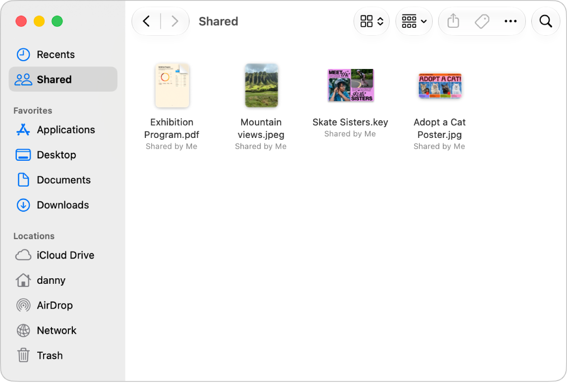 A Finder window showing the Shared folder selected in the sidebar and items on the right shared by the current user.
