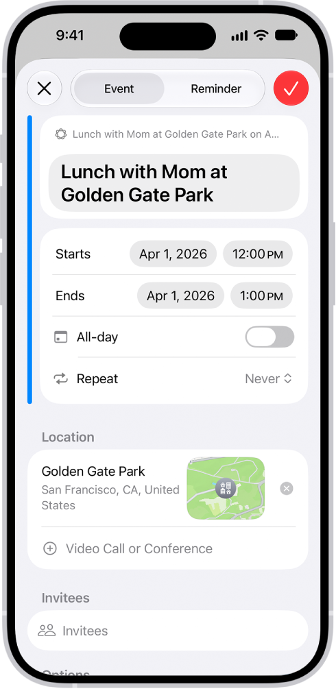 la tarjeta de nuevo evento en Calendario con el título y los detalles del evento.