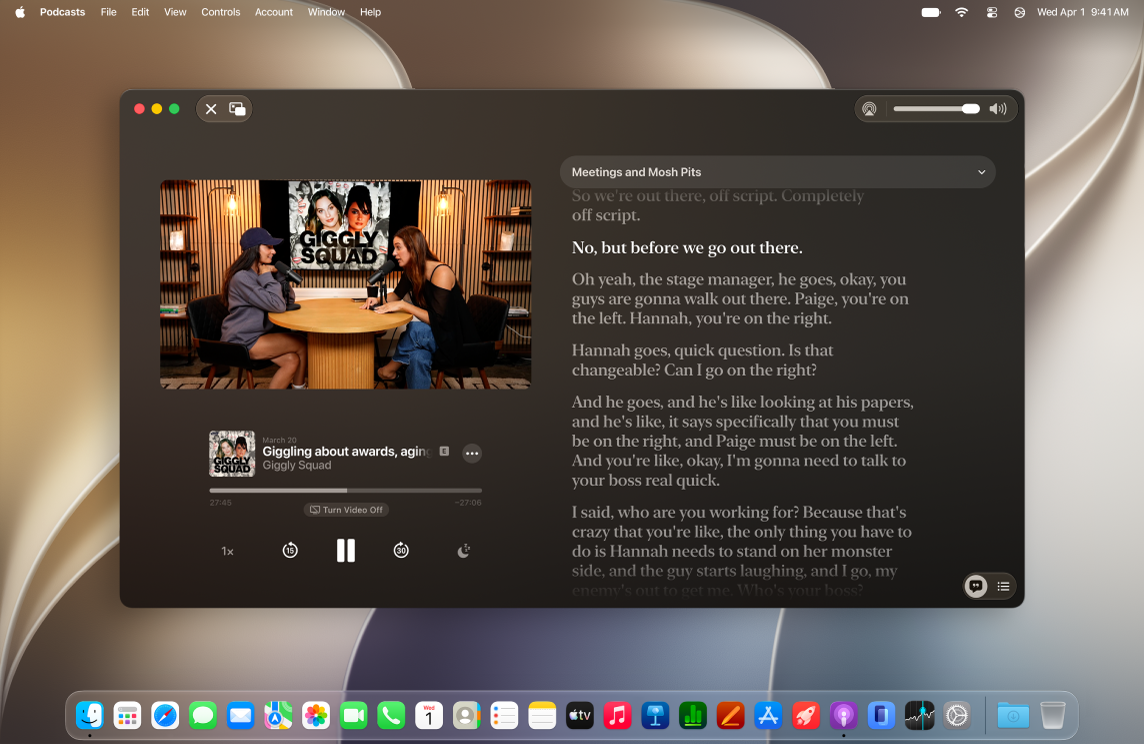 Un podcast vidéo dans l’app Podcasts sur un Mac, affichant l’écran «&nbsp;À l’écoute&nbsp;». En haut de la fenêtre Podcasts se trouvent les boutons permettant de fermer la fenêtre, de la placer dans le Dock et de l’afficher en plein écran. À côté se trouvent les boutons permettant de fermer «&nbsp;À l’écoute&nbsp;» et d’afficher le mode «&nbsp;Image dans l’image&nbsp;». En bas à gauche se trouvent les boutons de vitesse de lecture, de retour rapide, de pause/lecture, d’avance rapide et de mise en veille. Une transcription est affichée à droite.