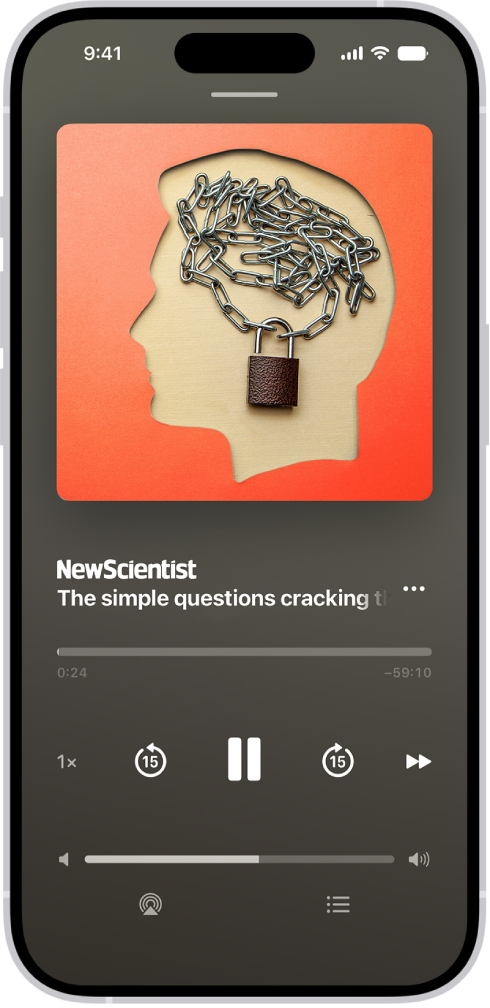 Playerul audio pentru un articol din Apple&nbsp;News+, cu comenzi de redare și un glisor de volum.