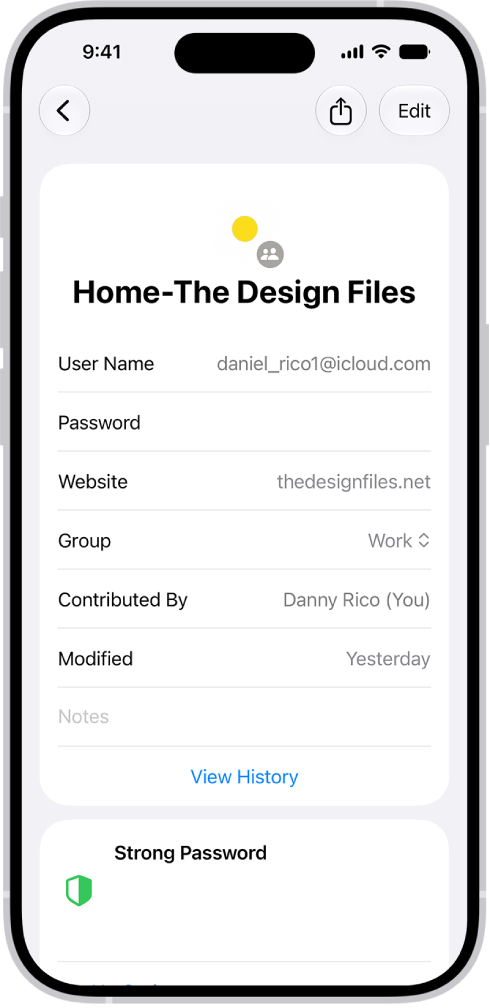 A list of all accounts with passwords that are stored in the Passwords app.