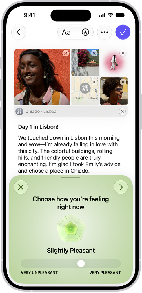 Un écran de l’app Journal comportant une section au bas de l’écran au sein de laquelle vous pouvez enregistrer votre état d’esprit.