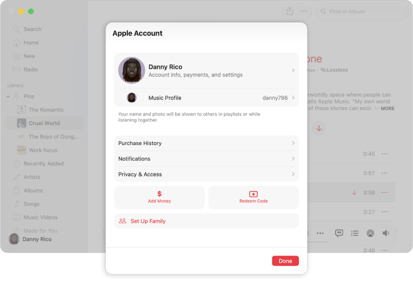 El cuadro de diálogo Cuenta en Apple&nbsp;Music, con la opción Configurar familia.